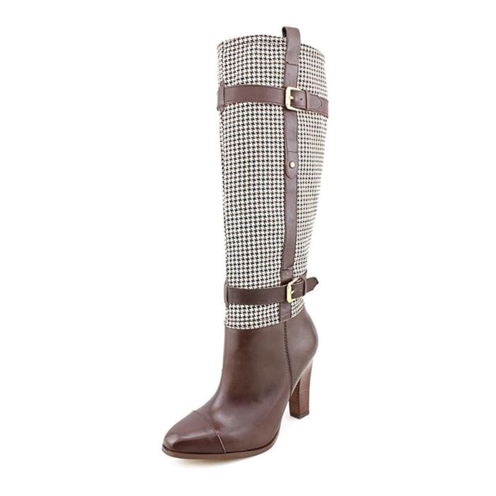 Tommy Hilfiger Frita Brown Leather Houndstooth High Block Heels Tall Boots 8 - Picture 2 of 15